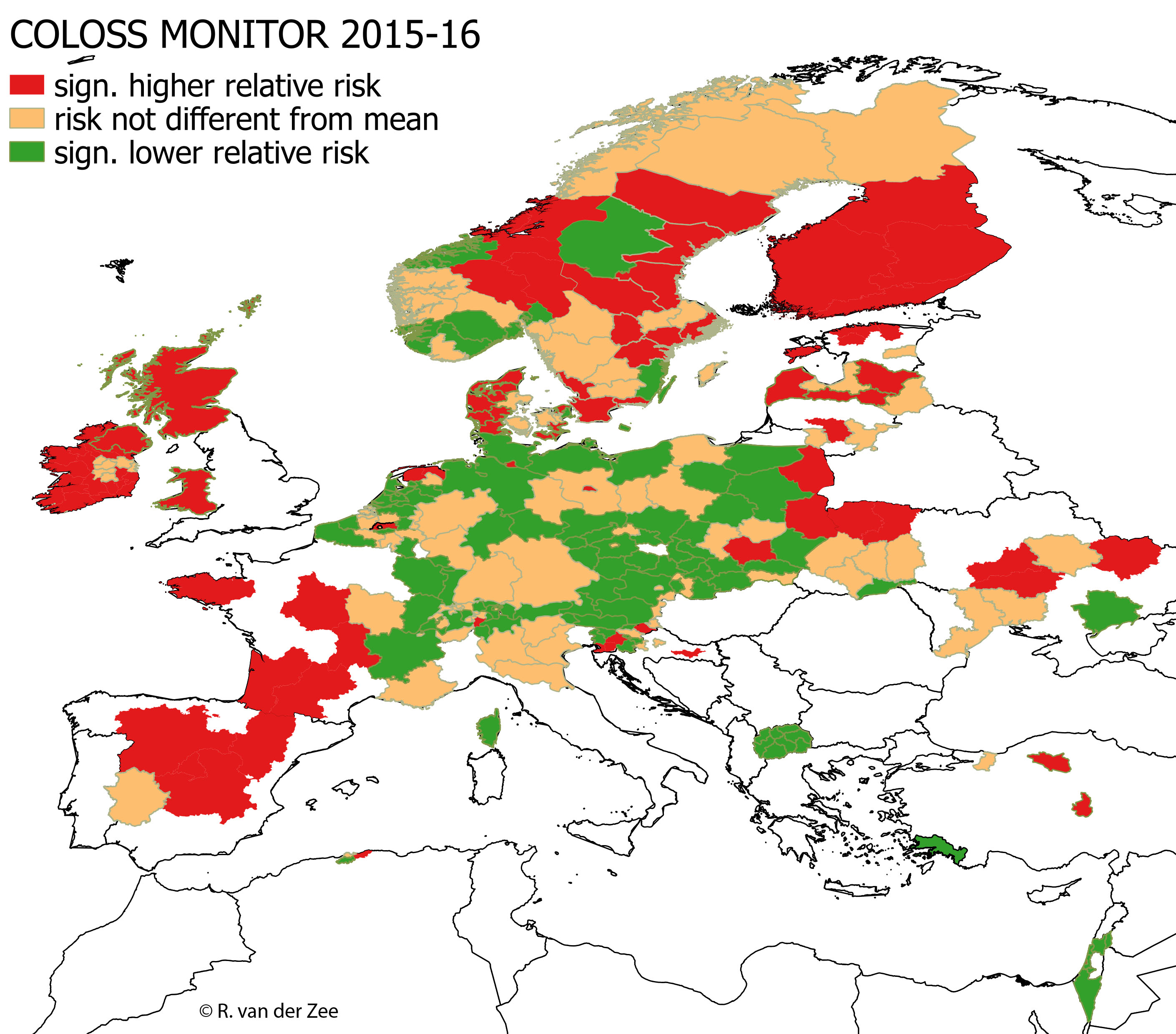 Winterverluste von Bienenvölkern im Winter 2014/15. Aus Vergleichbarkeitsgründen sind verlorene Völker ohne Königinnenprobleme dargestellt. Karte: R. van der Zee.
